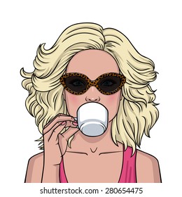 Vector illustration of a woman drinking coffee. Blonde holding a cup of coffee