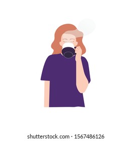 Vector illustration of woman drinking tea, coffee