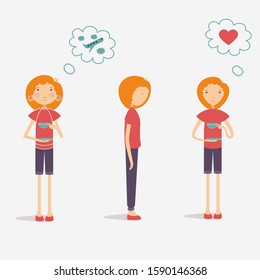 Vector illustration. A woman drinks tea and dreams of love and travel. Cute girl with orange hair in red clothes. Character in full face and profile.