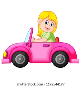 vector illustration of the woman drive the clean pink car with the happy expression