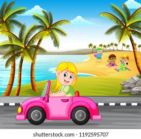 vector illustration of the woman drives the pink car on the street with the beautiful beach background