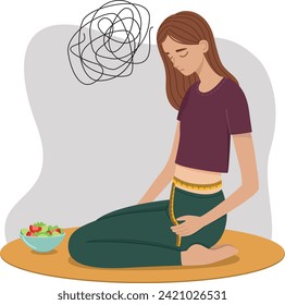 Vector illustration of a woman with an eating disorder measuring her waist. Сoncept of anorexia bulimia problem	