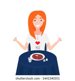 Vector Illustration of Woman is Eating Eye Steak Round. Girl has T-Shirt of Meat Lover. Healthy Nutrition Concept of Carnivore Diet. I Love Meat. Concept of Meat Lover is Following in Carnivore Diet 