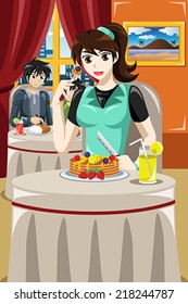 A vector illustration of woman eating fruit pancakes in a restaurant
