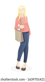 Vector illustration Woman with eco-friendly bag. Portrait of young woman going shopping with eco bag. Vector flat illustration