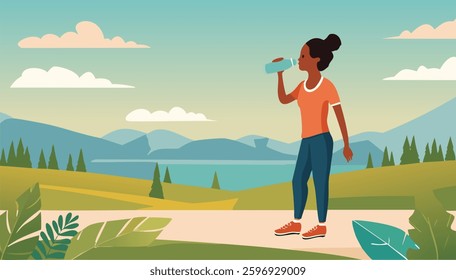 Vector illustration of a woman elegantly drinking water outdoors while walking or running