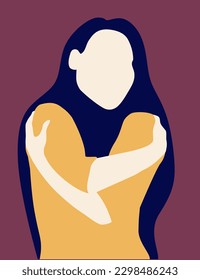 Vector illustration of a woman, a woman embracing herself. Postcard, cover, T-shirt print
