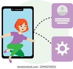 A vector illustration of a woman emerging from a smartphone screen, connected to profile and settings icons, representing digital connection and app interaction.