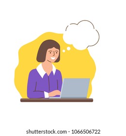 Vector illustration of a woman with an empty thought bubble working on the computer