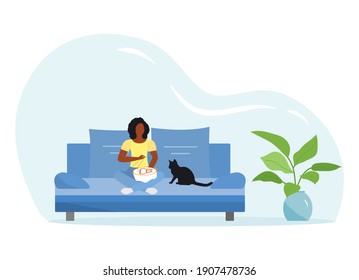 Vector illustration Woman engaged in needlework. Girl embroidering. Cross-stitch Relaxing at home lifestyle concept Leisure Hand craft Hobby Handmade Manual labor Flat style Design for web, app, print