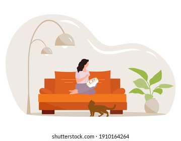 Vector illustration Woman engaged in needlework. Girl embroidering. Cross-stitch Relaxing at home lifestyle concept Leisure Hand craft Hobby Handmade Manual labor Flat style Design for web, app, print