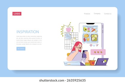 Vector illustration of a woman engaged in a video call while browsing a meal prep app on her tablet. The scene includes plants, a calendar, and a laptop, reflecting a work-from-home setting.