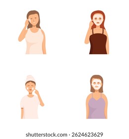 Vector illustration of a woman engaging in a skincare routine, from cleansing to moisturizing