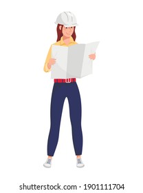 Vector illustration of a woman engineer in a protective helmet stands full-length and holds a map or architectural project of work. A cartoon drawing of a construction expert.