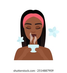 Vector illustration of a woman enjoying aromatherapy with tea, symbolizing relaxation and wellness.