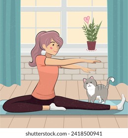 Vector illustration of a woman enjoying  being single, doing gymnastics, stretching, home training on the mat together with her cat, Valentine's Day alone, being happy without pair on February, 14