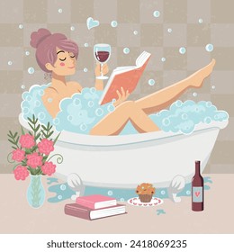 Ilustración vectorial de una mujer que disfruta de la soltera del Día de San Valentín, tomando baño, leyendo un libro y bebiendo vino. Estar solo. Autocuidado. Textura, colores rosados