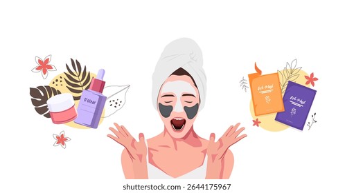 Vector illustration of a woman enjoying skincare with facial mask and towel on her head, surrounded by beauty products like cream, serum, and sheet masks. Perfect for wellness, spa, and self-care