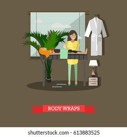 Vector illustration of woman enjoying spa body treatment, taking warming body wraps. Spa services concept design element in flat style.