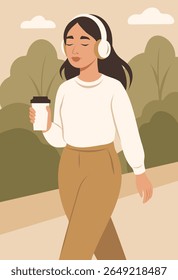 Vector illustration of a woman enjoying a walk with headphones and coffee in her hand. Mindful walking, morning routine, digital balance. Stylish design, warm palette. For women's health projects