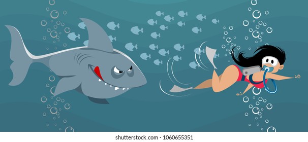 Vector illustration of a woman escaping from a shark