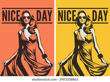 Vector illustration of a woman in evening dresses with text in vintage style