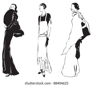 Vector illustration of woman in an evening of stylish outfits.