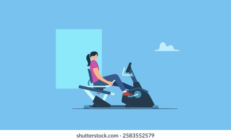 Vector illustration of a woman exercise legs on a recumbent bike in a fitness center or gym.