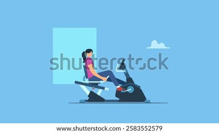 Vector illustration of a woman exercise legs on a recumbent bike in a fitness center or gym.