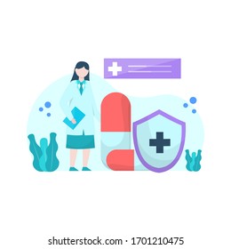 Ilustración vectorial de la mujer explicando la importancia del seguro de salud y sus servicios, adecuados para la página de inicio, ui, sitio web, aplicación móvil, editorial, afiche, volante, artículo y cartel 