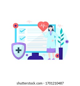 Vector illustration of woman explaining the importance of health insurance and its services,suitable for landing page, ui, website, mobile app, editorial, poster, flyer, article, and banner 