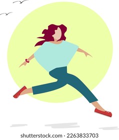 Vector illustration of a woman expressing her sense of freedom by jumping as if flying