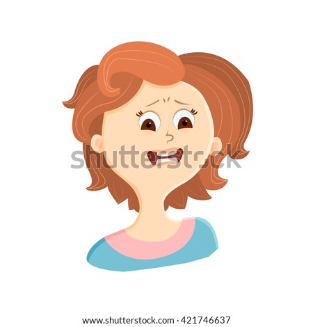 Vector illustration of woman expression. Young beautiful woman. Emotion icon isolated. Woman emotions fear, terror, horror, fright. Woman or girl avatar. Woman or girl face expression.