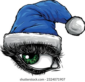 vector illustration of woman eye with christmas hat on white background