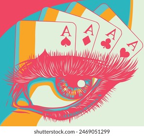 vector illustration of Woman eye with poker cards