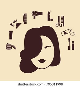 vector illustration of woman face and different cosmetic and care products around for beauty studio concept