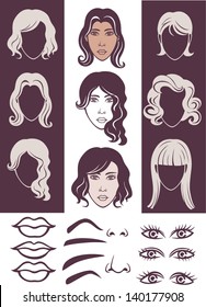 Vector illustration of woman face elements such eyes, lips, noses
