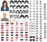  
vector illustration of woman face parts, character head, eyes, mouth, lips, hair and eyebrow icon set