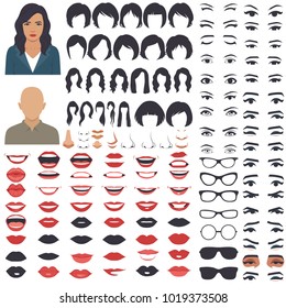  
vector illustration of woman face parts, character head, eyes, mouth, lips, hair and eyebrow icon set