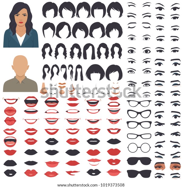 女性の顔のパーツ キャラクターヘッド 目 口 唇 髪 眉のベクターイラストアイコンセット のベクター画像素材 ロイヤリティフリー