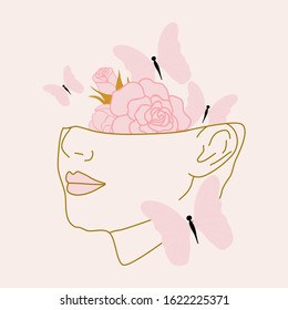 vector illustration with woman face and pink butterflies, perfect to use on the web or in print