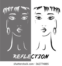 Vector illustration with woman face. Reflection in the mirror. Hand drawn with black watercolor character. 