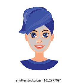 Vector illustration of woman with facial mask. Face skin treatment and therapy concept. Young woman with towel and spa salon. Cosmetic skincare product packaging design.