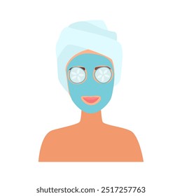 Vector illustration of a woman with a facial mask and cucumbers, symbolizing skincare and relaxation.