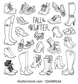 Vector illustration of woman fall and winter shoes, boots set. Hand-drown footwear illustrations. Black and white fashion collection.