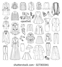 Vector illustration of woman fall and winter fashion collection of clothes. Hand-drown objects sketch with coats, dresses, skirts, jacket, trousers, hats, gloves, socks. Black and white set.