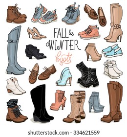 Vector illustration of woman fall and winter shoes, boots set. Hand-drown footwear illustrations. Fashion collection sketch.