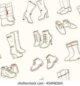 Vector illustration of woman fall and winter shoes, boots set. seamless pattern Hand-drown footwear illustrations. Fashion collection sketch.