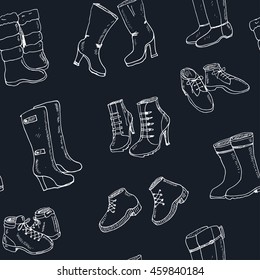 Vector illustration of woman fall and winter shoes, boots set. seamless pattern Hand-drown footwear illustrations. Fashion collection sketch.