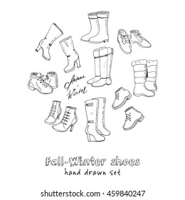 Vector illustration of woman fall and winter shoes, boots set. Hand-drown footwear illustrations. Fashion collection sketch.